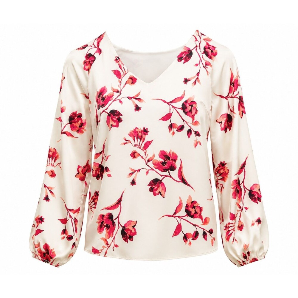 White House Black Market Floral Chiffon V-Neck Ruffle Lined Blouse M Ivory/Pink
